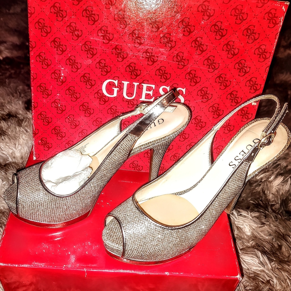 GUESS Shimmering Silver Slingback Heels